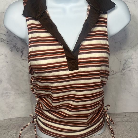 JUST POLY Women's Collard Brown Stripe String Polo Size medium - Picture 1 of 3